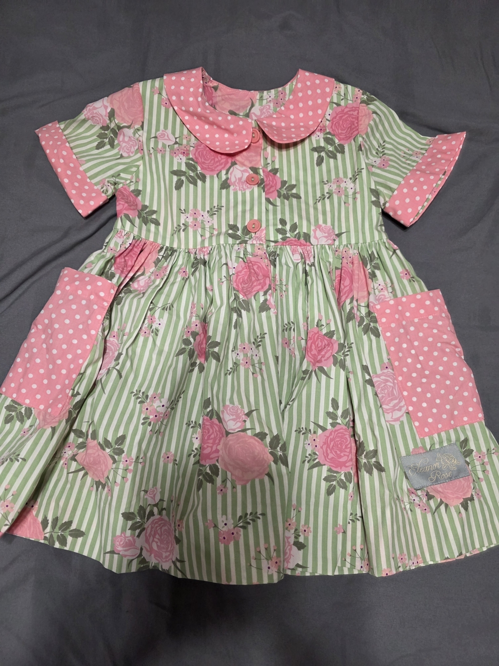 Eleanor Rose Pink Floral Green Stripe Polka Dot Pocket Dress